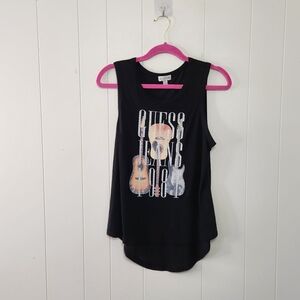 Guess Sleeveless Music Festival Tank Top Black Graphic T-Shirt Guitars Western